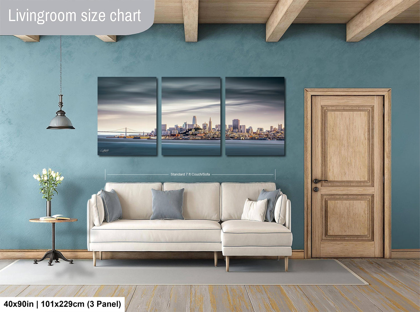 The image is a living room with a large, three-panel living room size chart on the wall. The chart displays the dimensions of the living room in feet and inches, with the largest panel being 40'x50'', the medium panel being 101'x129'', and the smallest panel being 3'x3'', indicating the available space in the room.