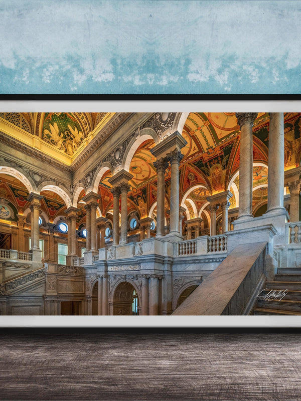 This luxury fine art photograph captures the grand interior architecture of the Library of Congress in Washington DC. Marble columns, ornate ceilings, and classical symmetry create a refined composition rooted in American national history and cultural legacy. Ideal for collectors, professionals, and interior designers seeking museum-quality wall art that embodies intellect, heritage, and timeless elegance.