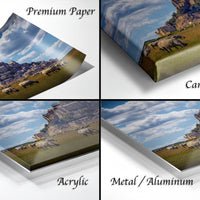 The image is a collage of four different views of a pastoral scene, including a castle, sheep grazing, and a cloudy sky.
