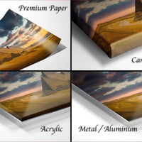 The image is a collage of four different images, each depicting a sunset landscape. The images are labeled as "Premium Paper", "Canvas Wrap", "Acrylic", and "Metal/Aluminum".