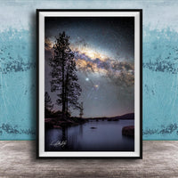 The image is a framed photograph of a serene night scene with a starry sky, a lake, and a forest.
