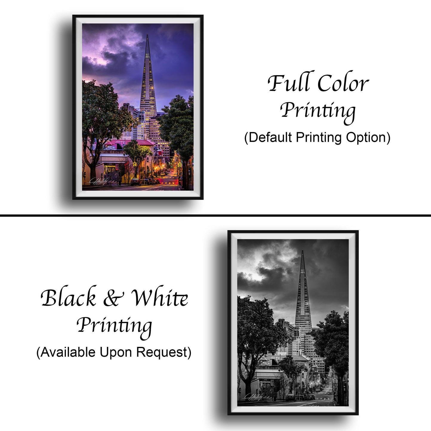 The image is a collage of two framed pictures. The top picture is a full color print of a city skyline at dusk, while the bottom picture is a black and white print of the same city skyline. Both pictures are framed and available upon request.