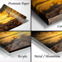 The image is a collage of four different images, each depicting a sunset over a rocky landscape. The images are labeled as "Premium Paper", "Canvas Wrap", "Acrylic", and "Metal/Aluminum".