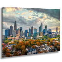 Charlotte skyline wall art, Carolina Panthers stadium print, sunset drone city photo, Charlotte NC football decor, Uptown Charlotte photograph, urban autumn skyline art, Bank of America stadium aerial, Charlotte NC sports wall art, Southern cityscape at dusk, inspirational Queen City skyline