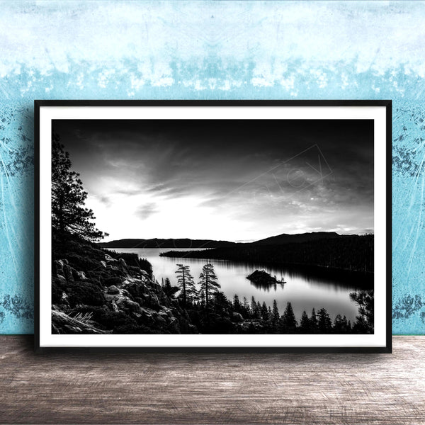 Emerald Bay Lake Print – Serene Mountain Landscape Art | Black & White Fine Art