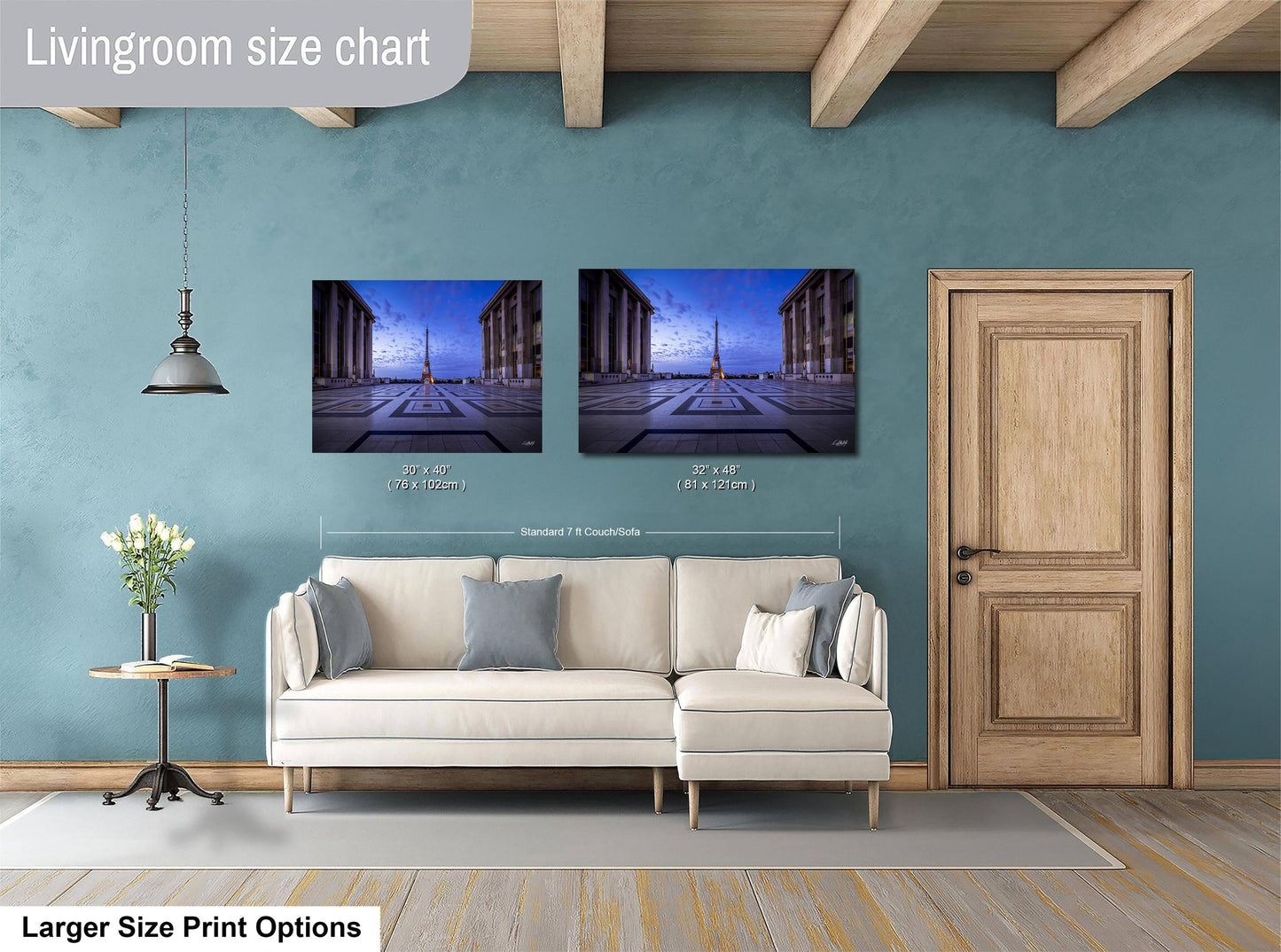 a living room with blue walls and a white couch