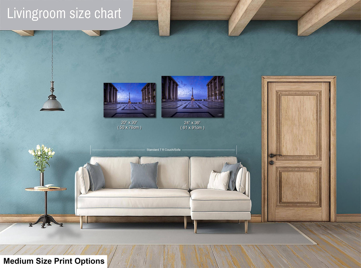 a living room with blue walls and a white couch
