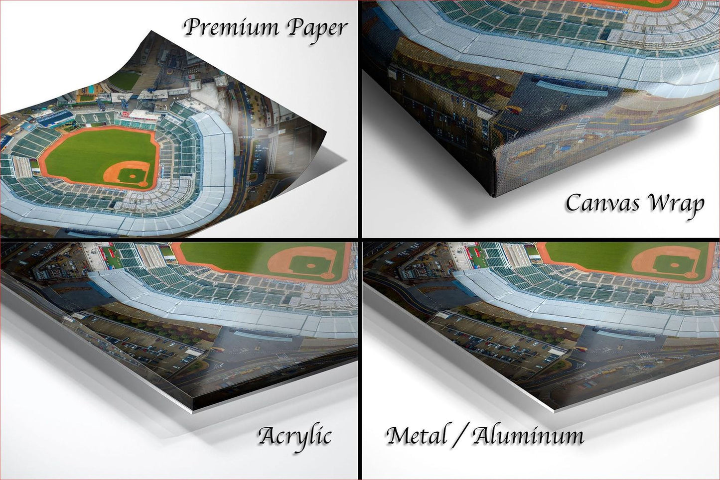 four different views of a baseball stadium, each with a different perspective and angle. The text labels the images as "Premium Paper", "Canvas Wrap", "Acrylic", and "Metal/Aluminum".