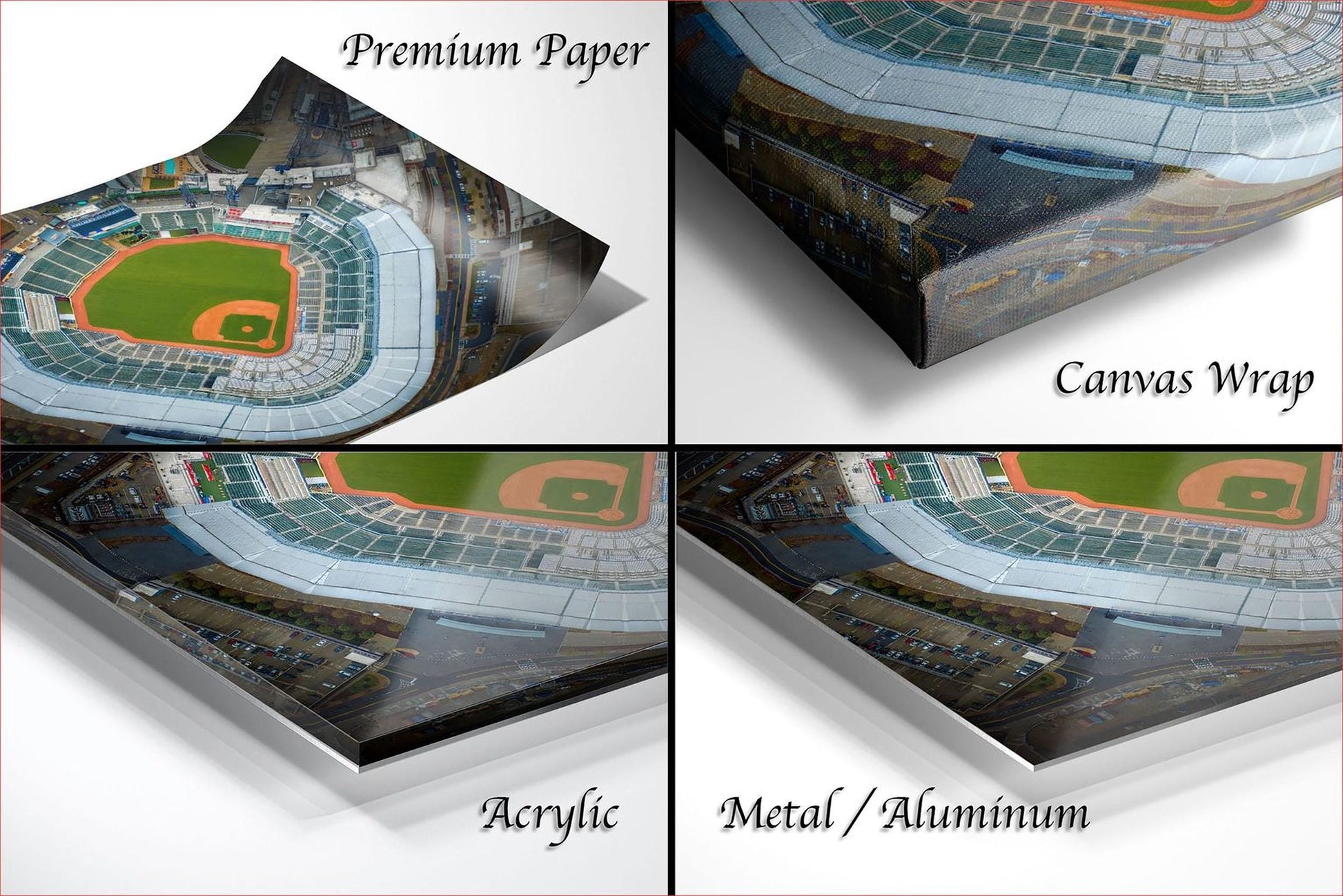 four different views of a baseball stadium, each with a different perspective and angle. The text labels the images as "Premium Paper", "Canvas Wrap", "Acrylic", and "Metal/Aluminum".