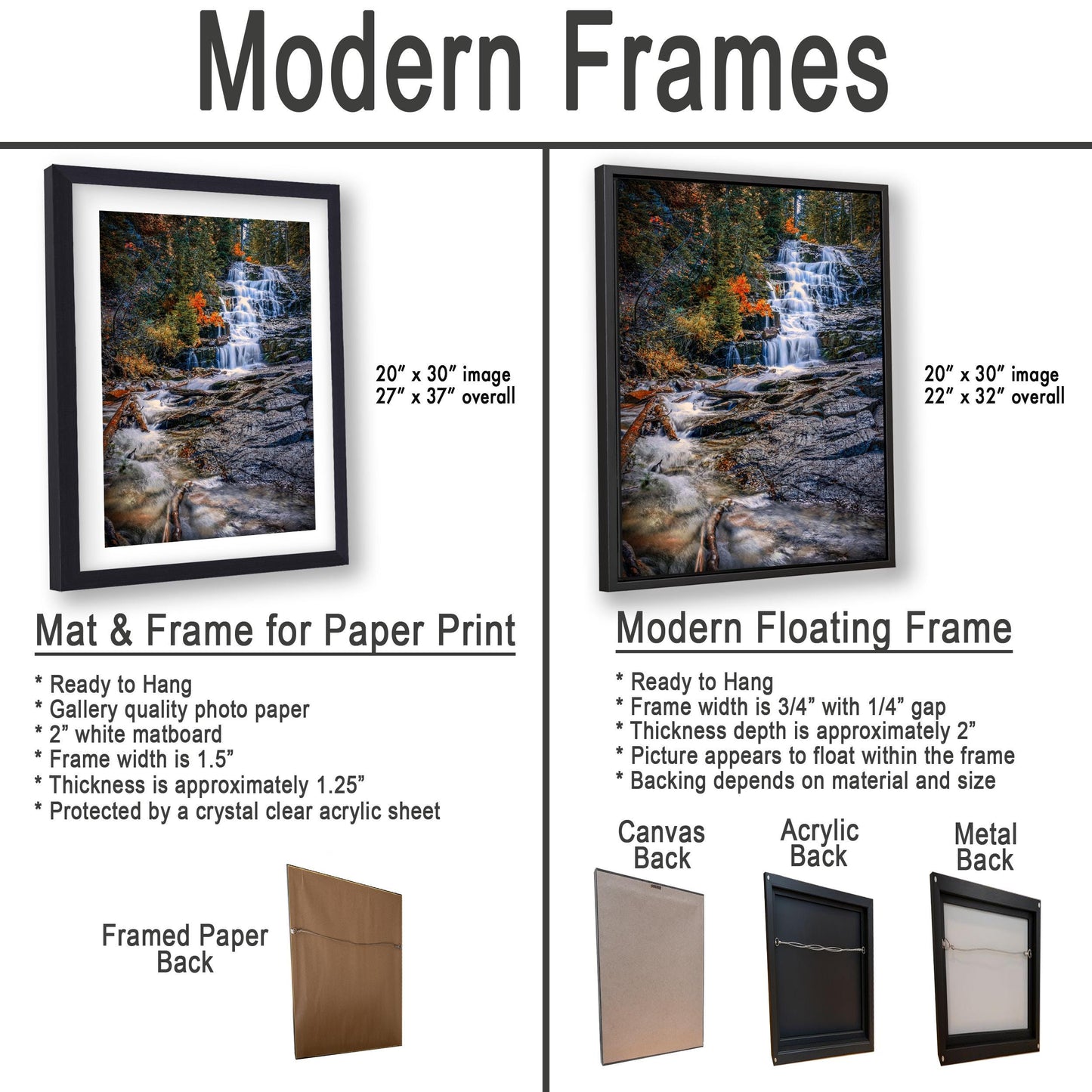 The image is a comparison of modern framed prints and modern floating frames for paper print photography. It displays two framed prints and two framed floating frames, each with different characteristics and features.
