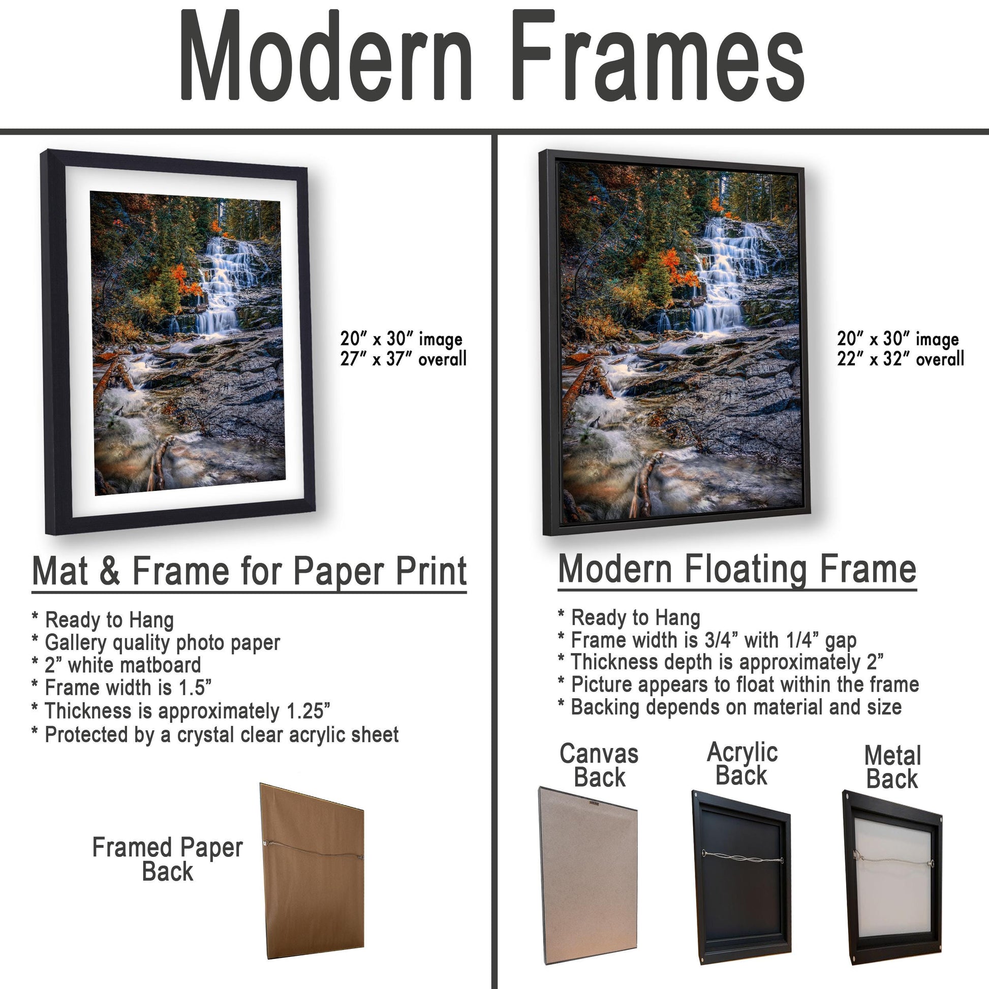 The image is a comparison of modern framed prints and modern floating frames for paper print photography. It displays two framed prints and two framed floating frames, each with different characteristics and features.