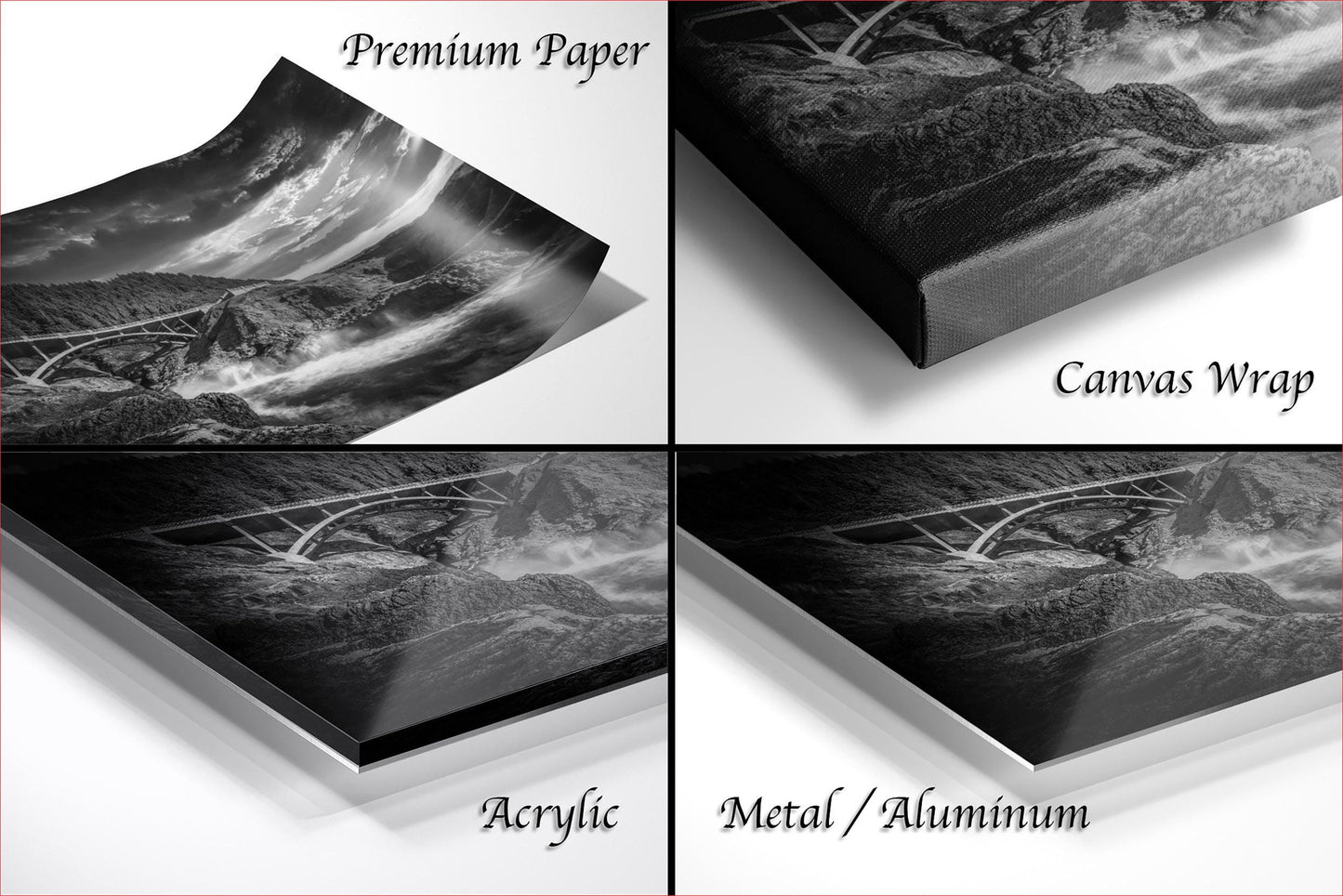 four different views of a landscape photograph, including a close-up of the photograph, a canvas wrap, an acrylic print, and a metal/aluminum print.