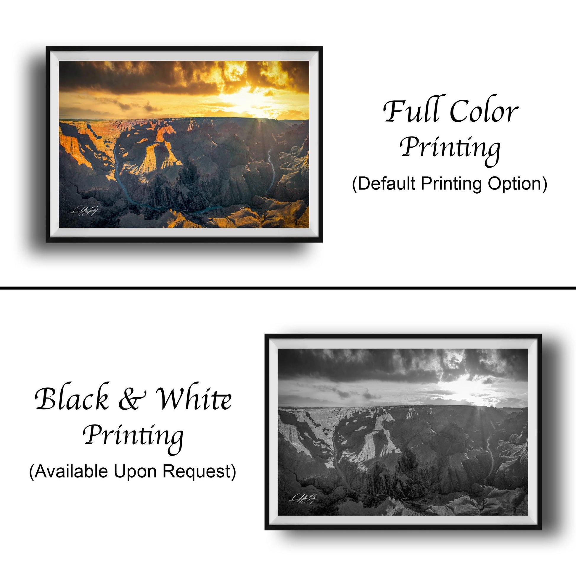 The image is a collage of two framed photographs. The top photograph is a full color print, while the bottom photograph is a black and white print. Both images depict the same landscape, featuring mountains and a sunset. The top photograph is labeled "Full Color Printing" and the bottom photograph is labeled "Black & White Printing" and "Available Upon Request".