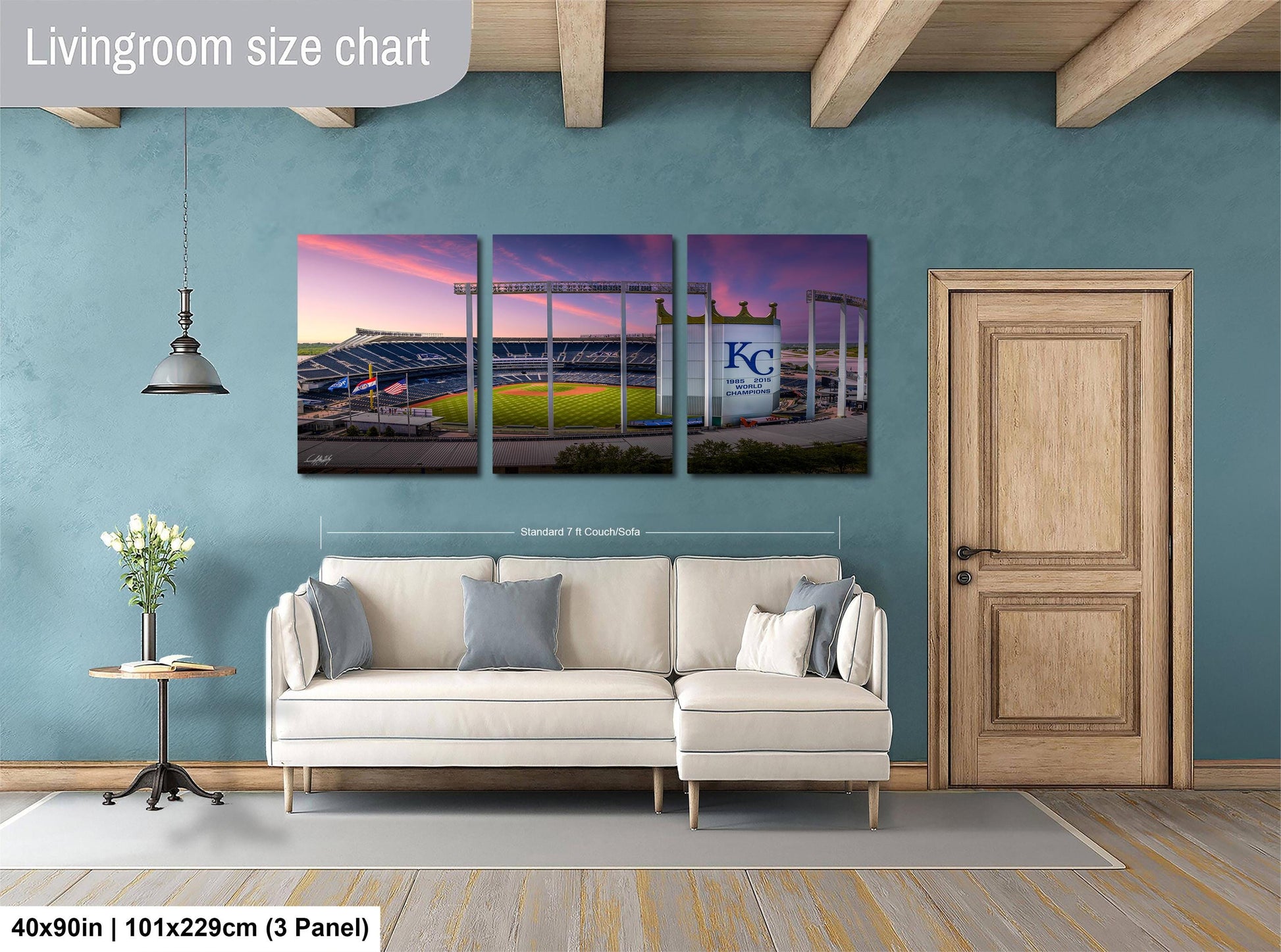 The image is a livingroom size chart that includes a triptych of pictures depicting a baseball stadium, a wall, and a door.