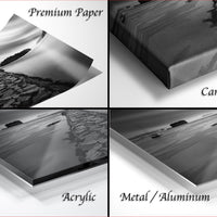 The image is a collage of four different photographs, each depicting a different aspect of a rocky shoreline. The photographs are labeled as "Premium Paper", "Canvas Wrap", "Acrylic", and "Metal/Aluminum".