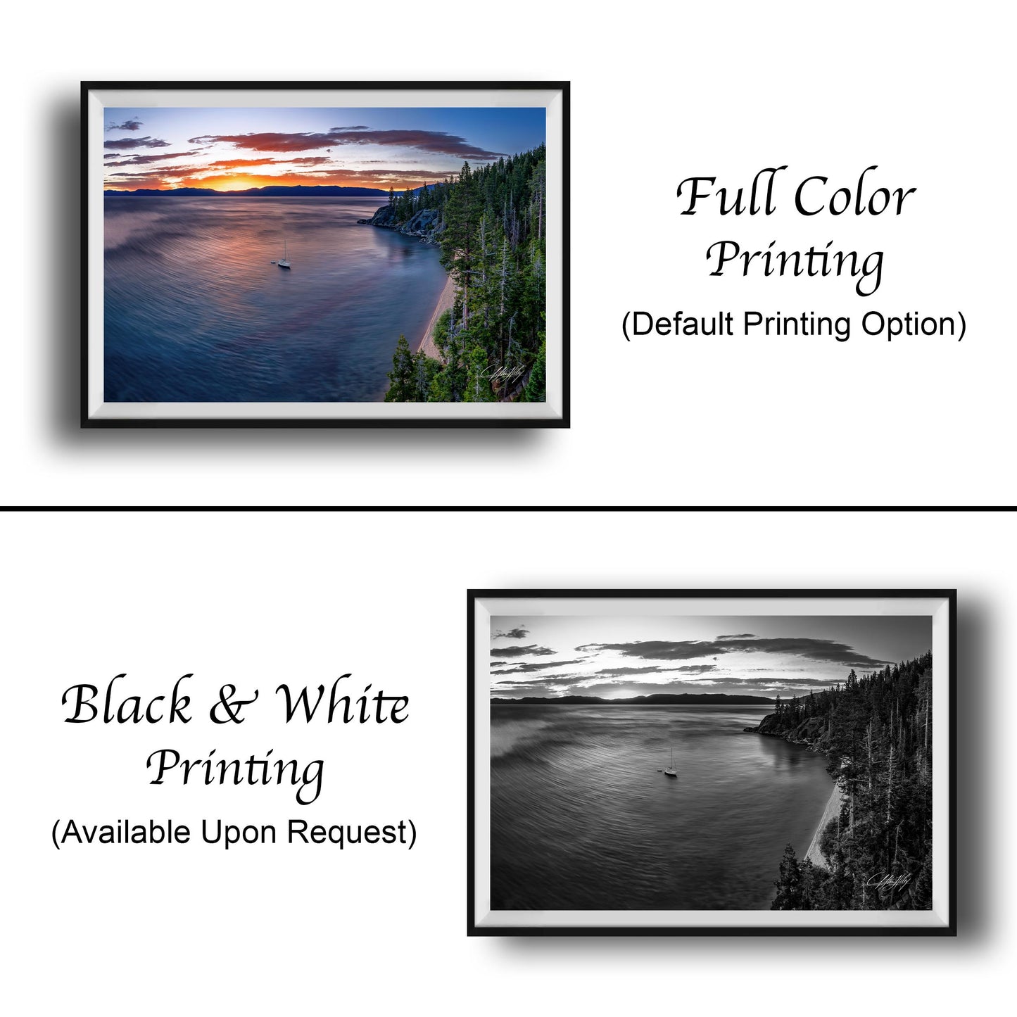 The image is a collage of two framed pictures. The top picture is a full color print of a sunset over a lake, while the bottom picture is a black and white print of the same sunset over the lake. Both pictures are framed and available upon request.