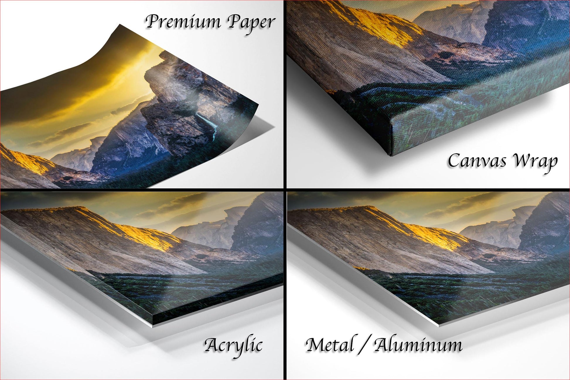 The image is a collage of four different images, each depicting a mountainous landscape. The images are labeled as "Premium Paper", "Canvas Wrap", "Acrylic", and "Metal/Aluminum".