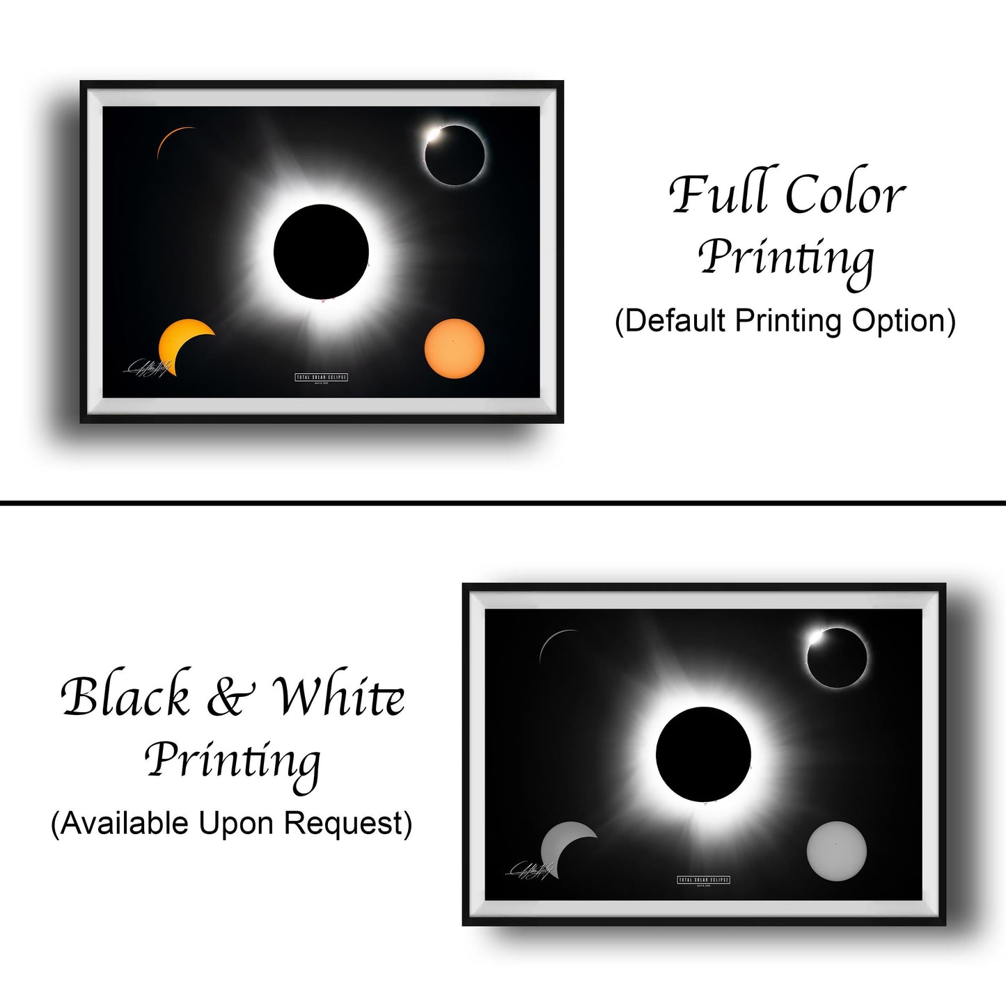 The image is a collage of two framed prints, one in black and white and the other in full color. The black and white print is labeled as "Black & White Printing" and the full color print is labeled as "Full Color Printing (Default Printing Option)".
