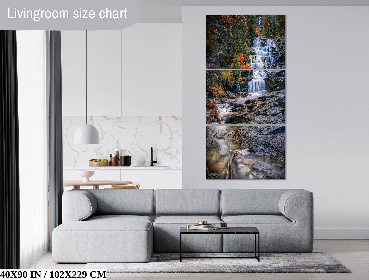 The image is a living room with a gray sofa, a coffee table, and a large wall art depicting a waterfall. The wall art is a collage of multiple images, and the living room is described as having a modern and minimalist design.