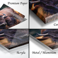 The image is a collage of four different images, each depicting a close-up of a bison's head. The images are labeled as "Premium Paper", "Canvas Wrap", "Acrylic", and "Metal/Aluminum".