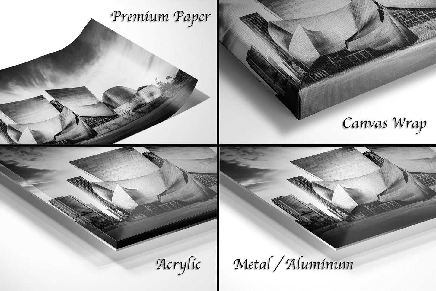 The image is a collage of four different photographs, each depicting a cityscape. The photographs are labeled as "Premium Paper", "Canvas Wrap", "Acrylic", and "Metal/Aluminum".