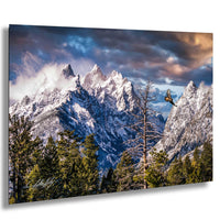 A majestic snow-capped mountain range with a lone tree in the foreground, set against a dramatic cloudy sky.