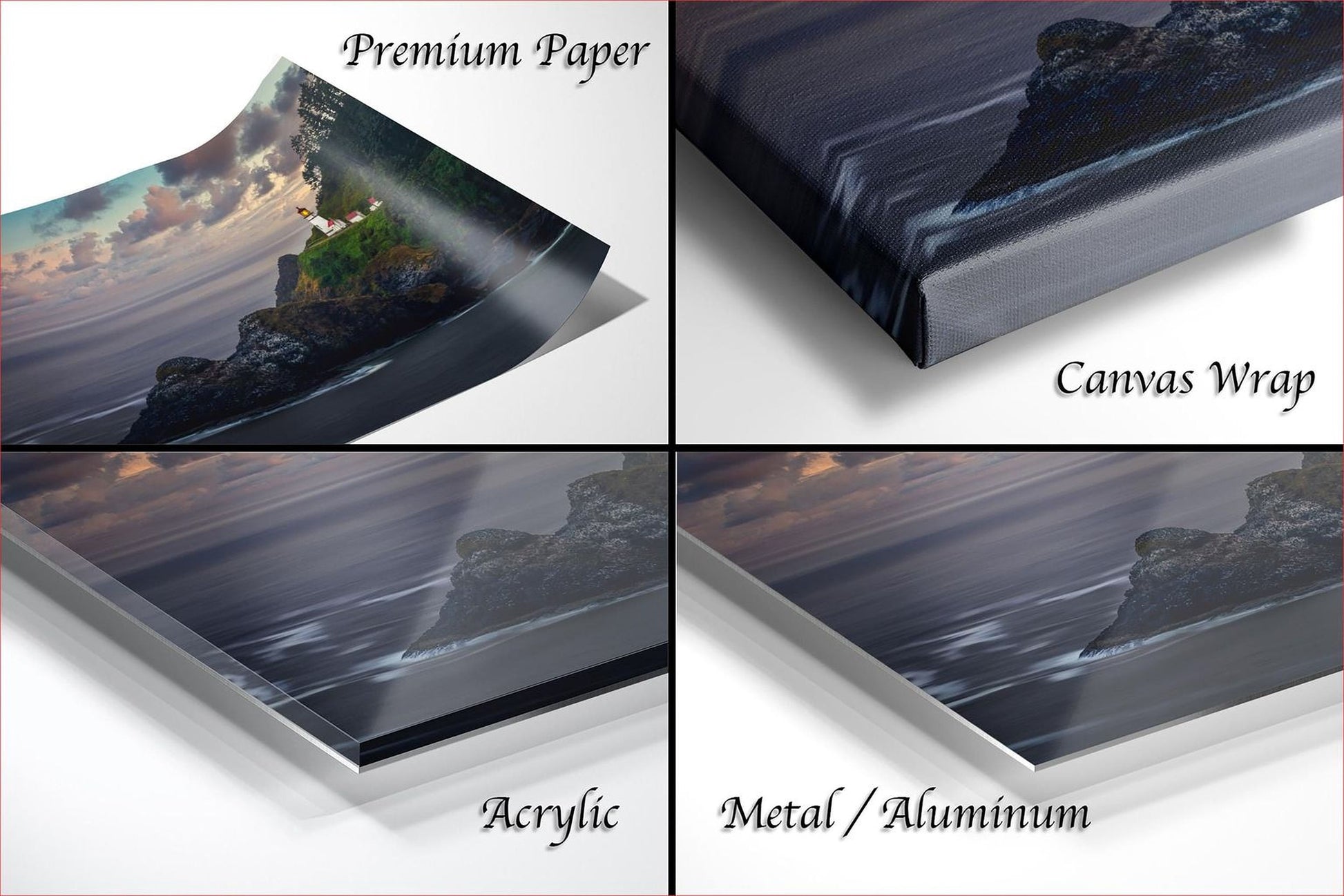 The image is a collage of four different views of a landscape, including a premium paper print, a canvas wrap, an acrylic print, and a metal/aluminum print.