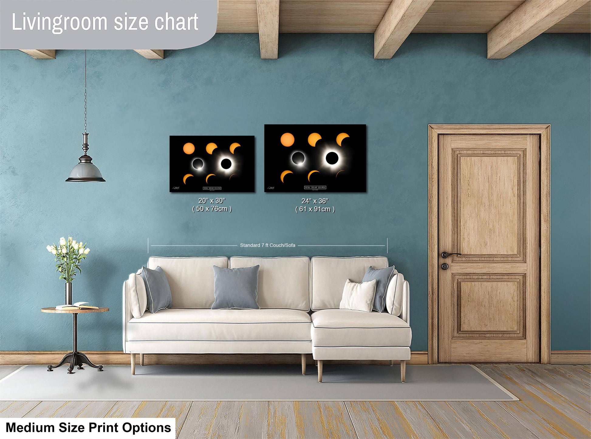 a living room with a white sofa, a wooden door, and a painting of the solar eclipse on the wall. The painting is of medium size, and the living room appears to be well-decorated.