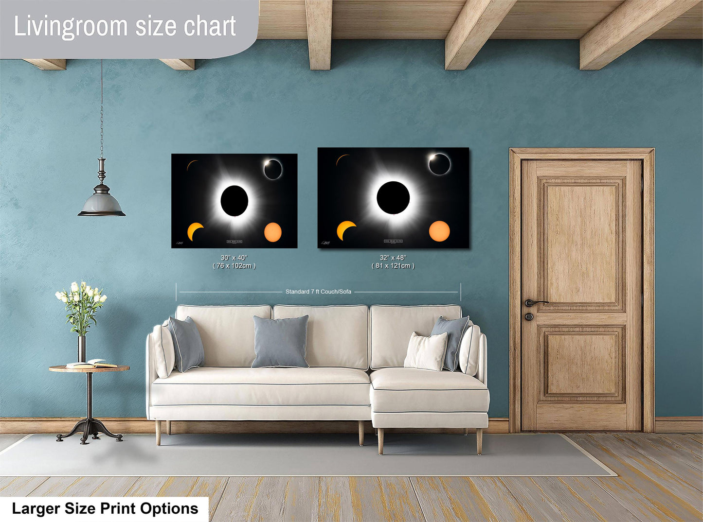 a living room with a white sofa, a wooden door, and a painting of a solar eclipse on the wall.