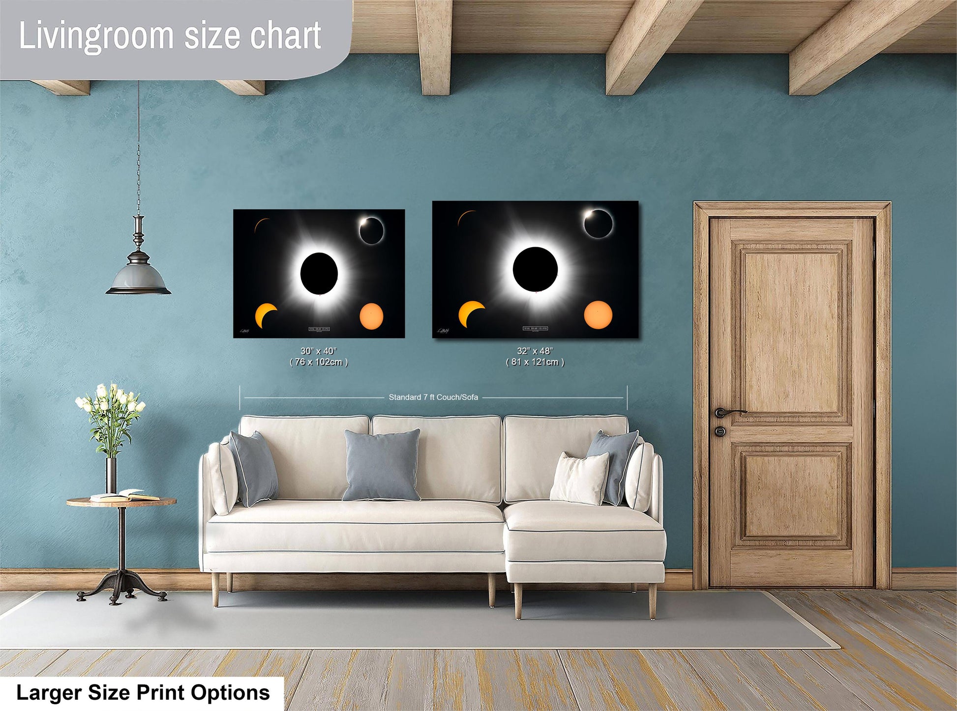 a living room with a white sofa, a wooden door, and a painting of a solar eclipse on the wall.