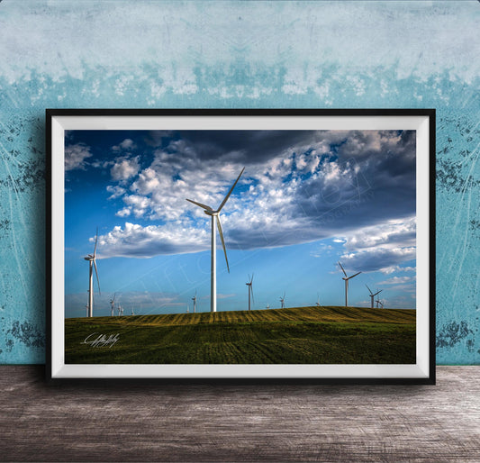 Wind Turbine Print – Blue Green Artwork | Minimalist Landscape & Eco Wall Decor