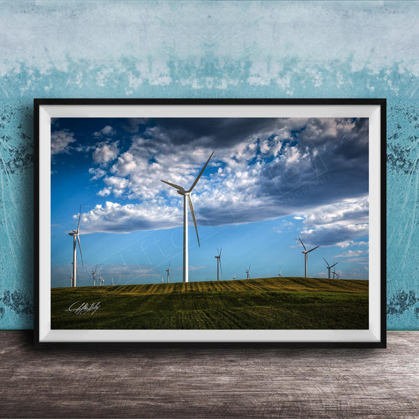 Wind Turbine Print, Blue Green Minimalist Landscape Eco Wall Art