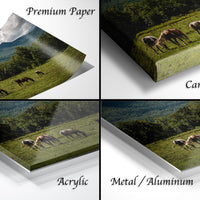 The image is a collage of four different views of a horse grazing in a field, with each view labeled as "Premium Paper", "Canvas Wrap", "Acrylic", and "Metal/Aluminum".