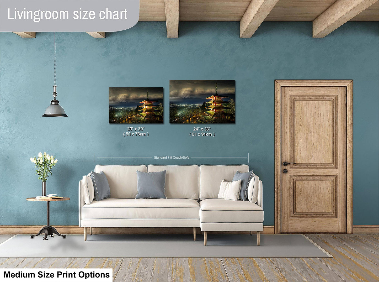 a living room with a white sofa, a wooden door, and a painting of a cityscape on the wall. The painting is of a temple with a red roof and is framed in a medium size. The sofa is positioned in front of the painting, and the door is located to the right of the sofa. The living room appears to be well-lit and decorated with a vase of flowers on a table.