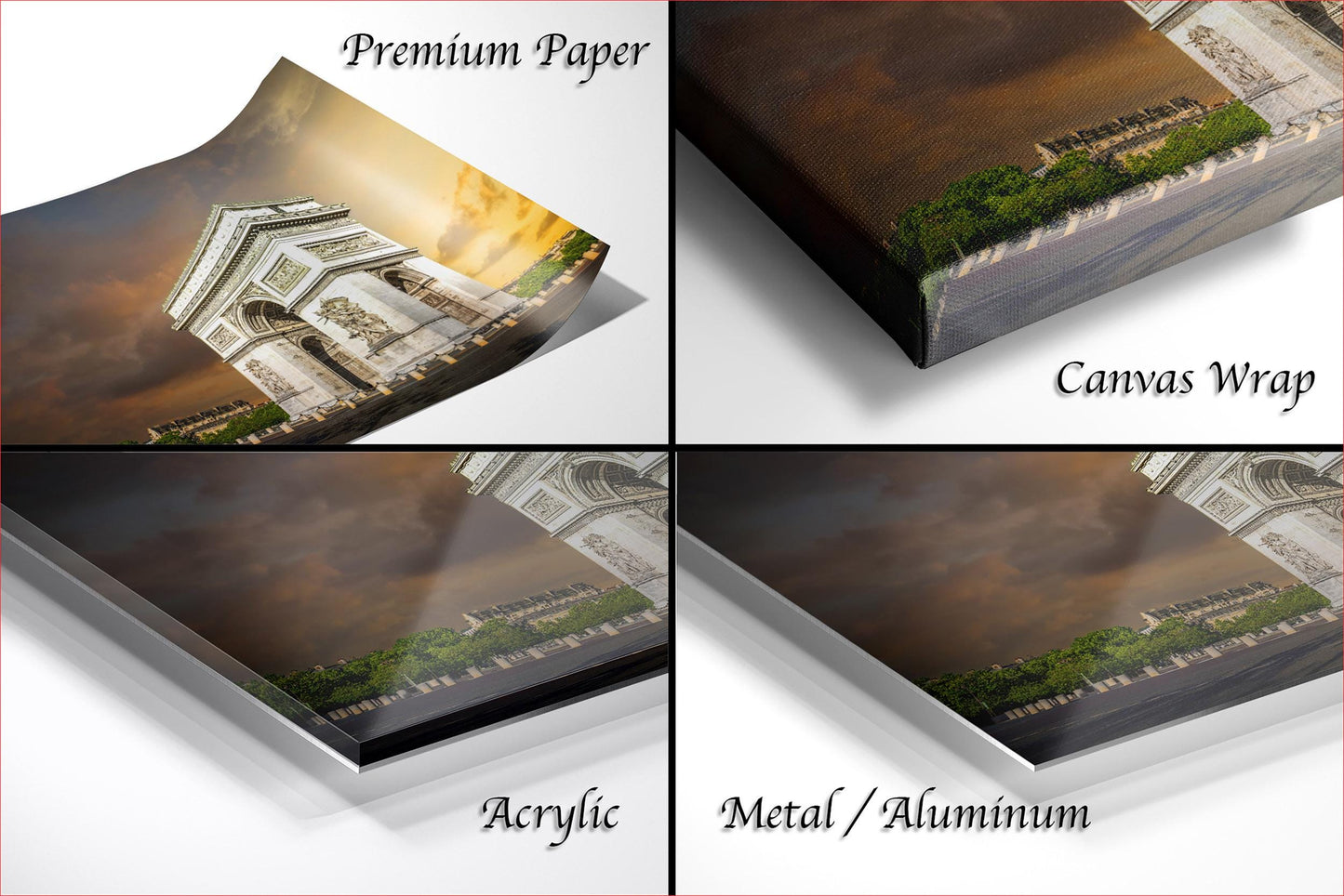 The image is a collage of four different views of the Arc de Triomphe, showcasing the artwork in various materials such as premium paper, canvas wrap, acrylic, and metal/aluminum.