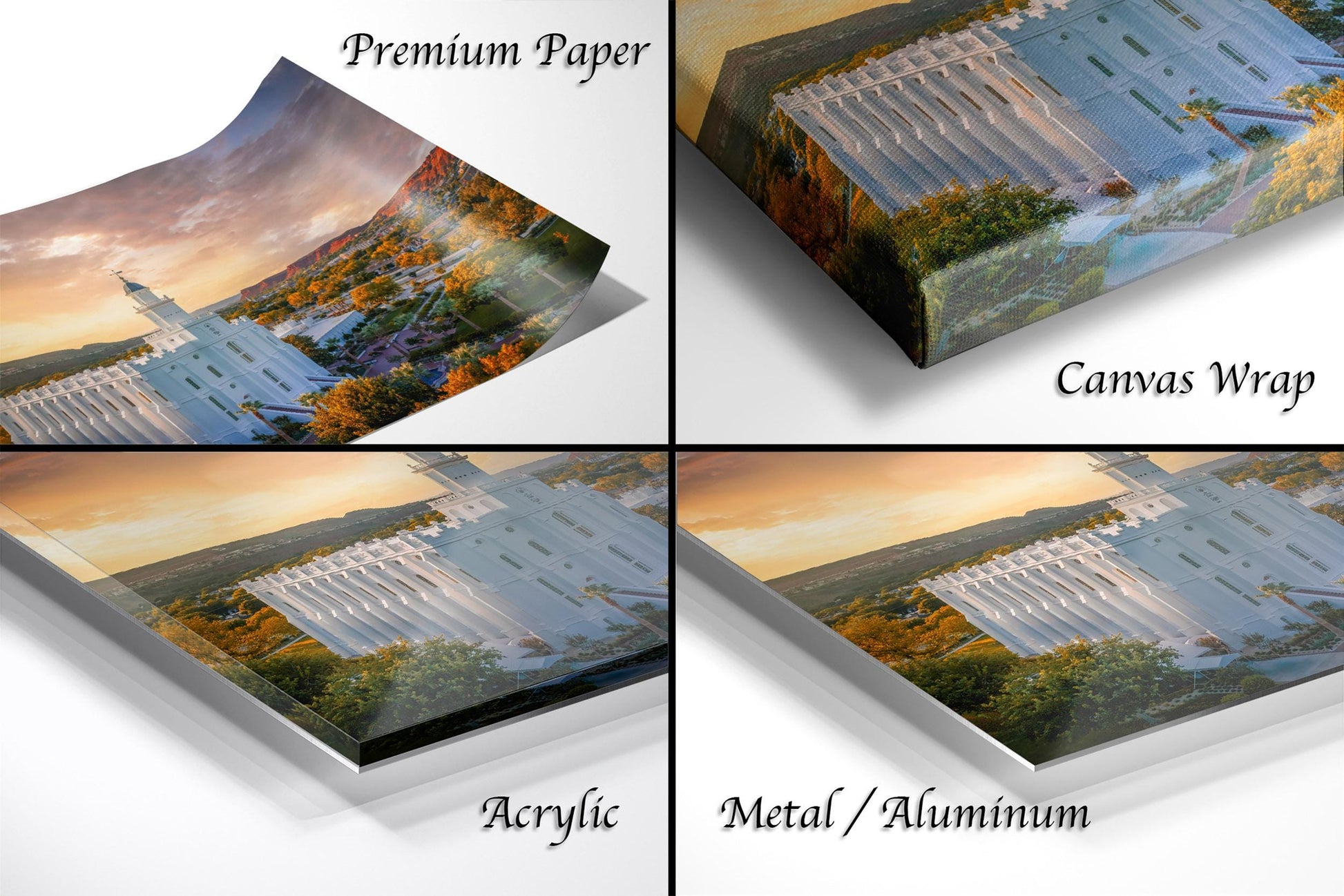 The image is a collage of four photos depicting the Temple of Jesus Christ, with each photo labeled as either "Premium Paper", "Canvas Wrap", "Acrylic", or "Metal/Aluminum".