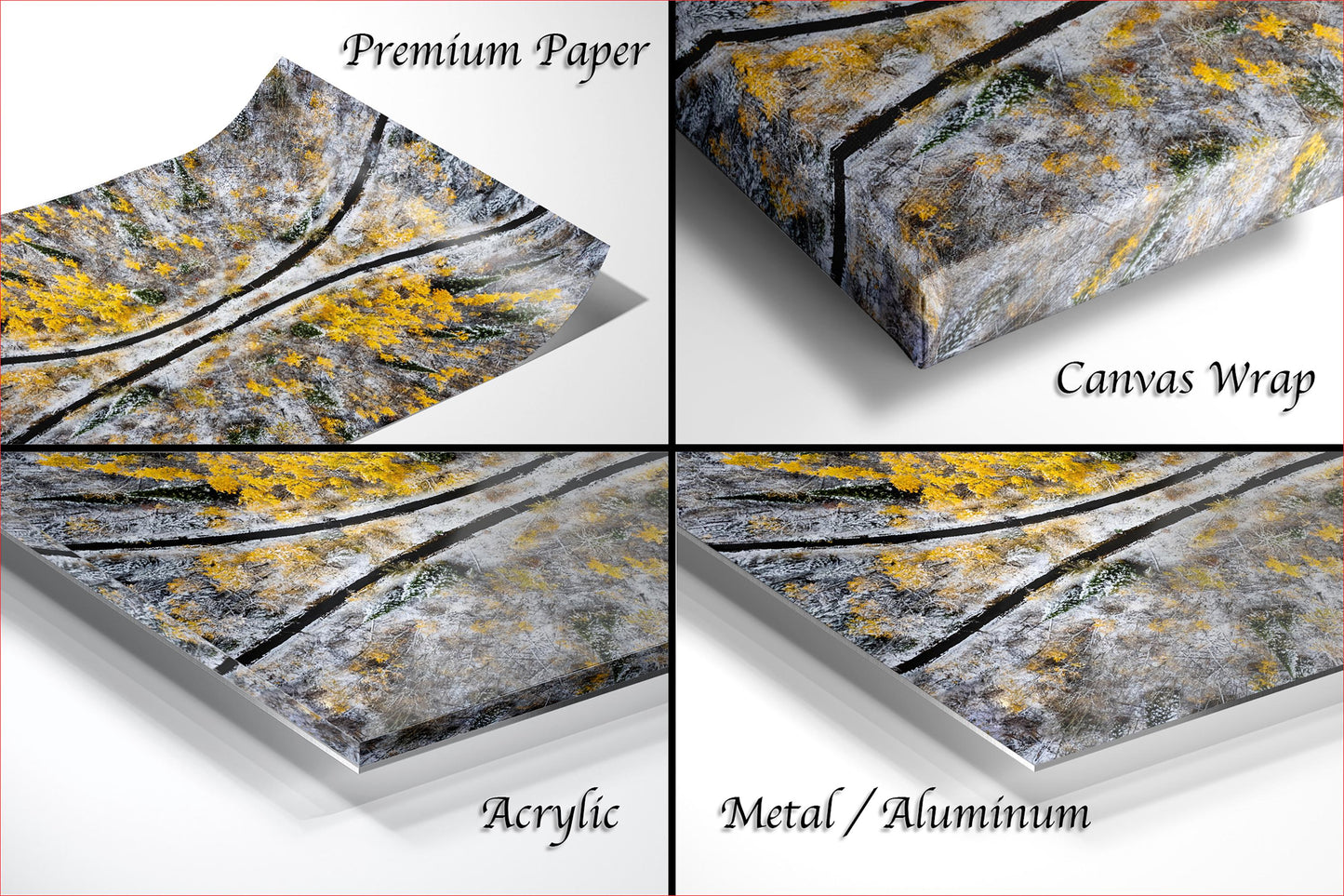 four different views of a piece of artwork, including a close-up of the artwork, a canvas wrap, an acrylic print, and a metal/aluminum print.