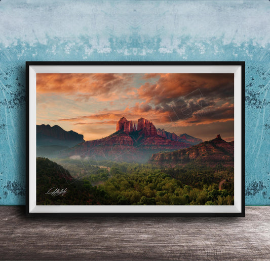 cathedral rock sedona, sedona sunrise photography, lovers knoll sedona, red rock landscape art, sedona fine art print, arizona wall decor, southwest photography, spiritual landscape art, nature wall art, sedona vortex photo, luxury fine art print, desert sunrise art, collectible landscape photo