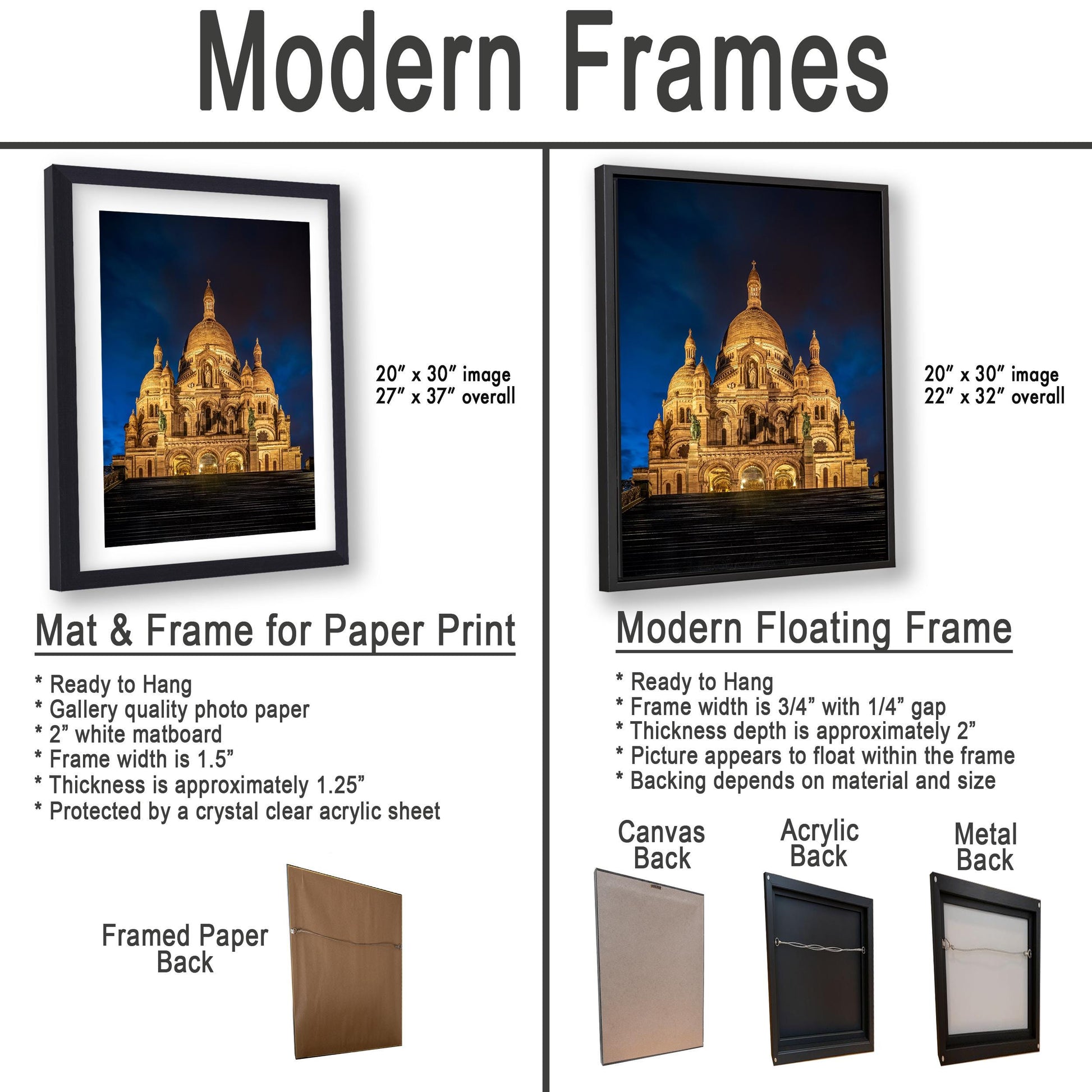 The image is a comparison of modern frames for different types of paper prints, including mat and frame options, as well as modern floating frames.