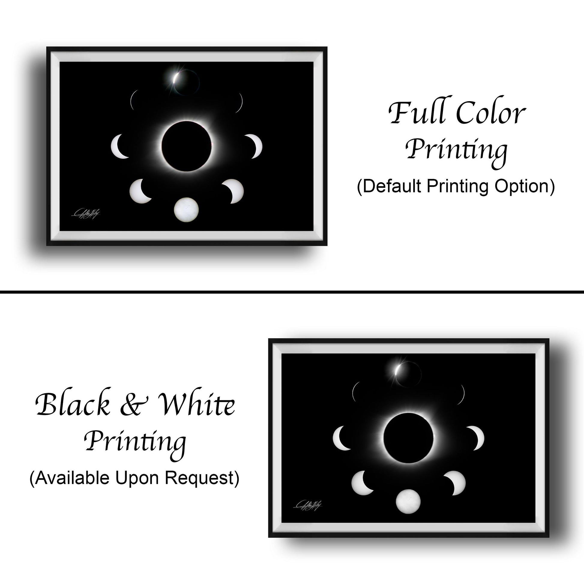 The image is a black and white photograph of the phases of the moon, specifically showing the crescent moon, the waxing and waning phases.