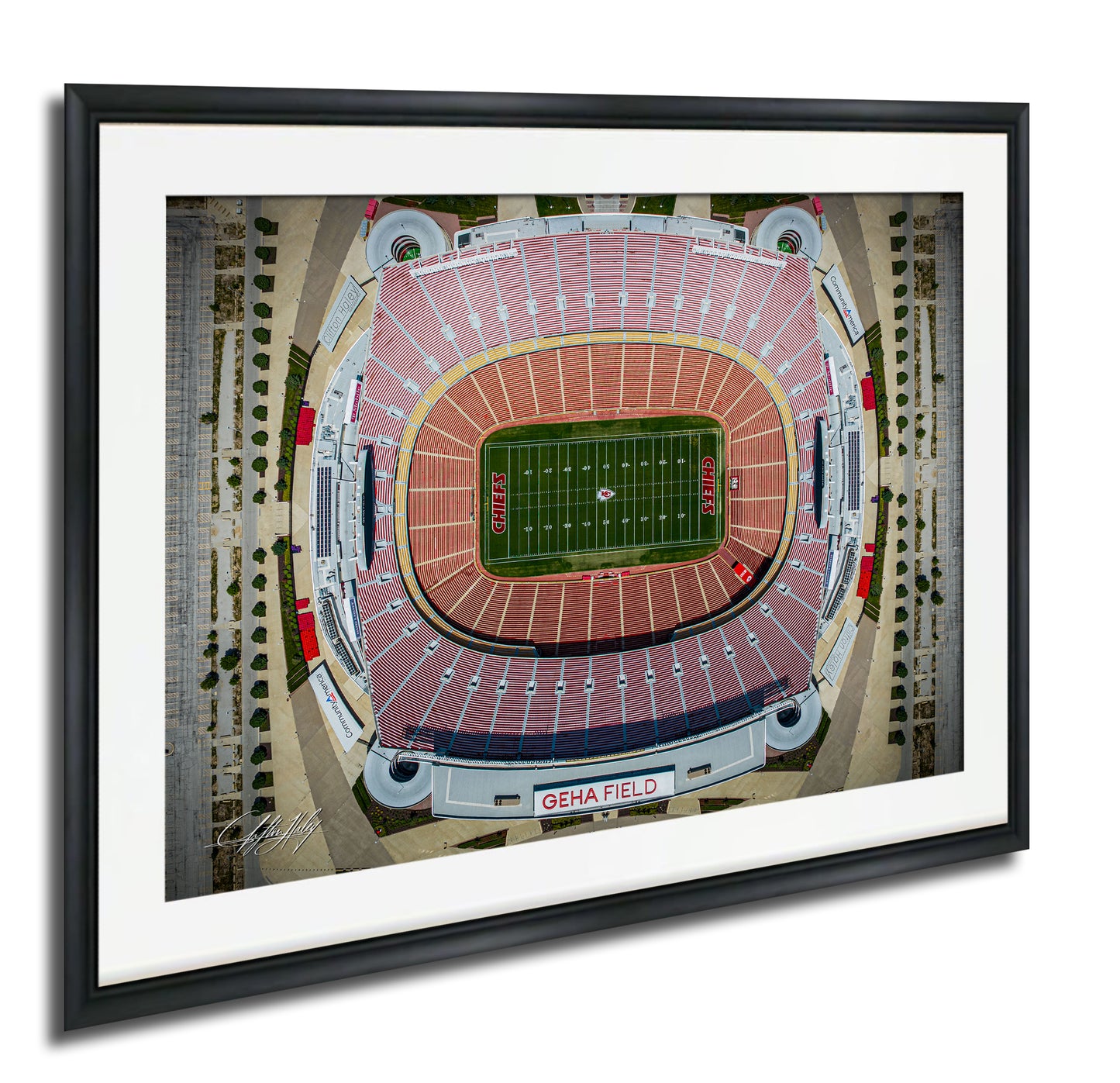 The image is an aerial view of a football stadium, specifically Gera Field, with a focus on the field and surrounding infrastructure.