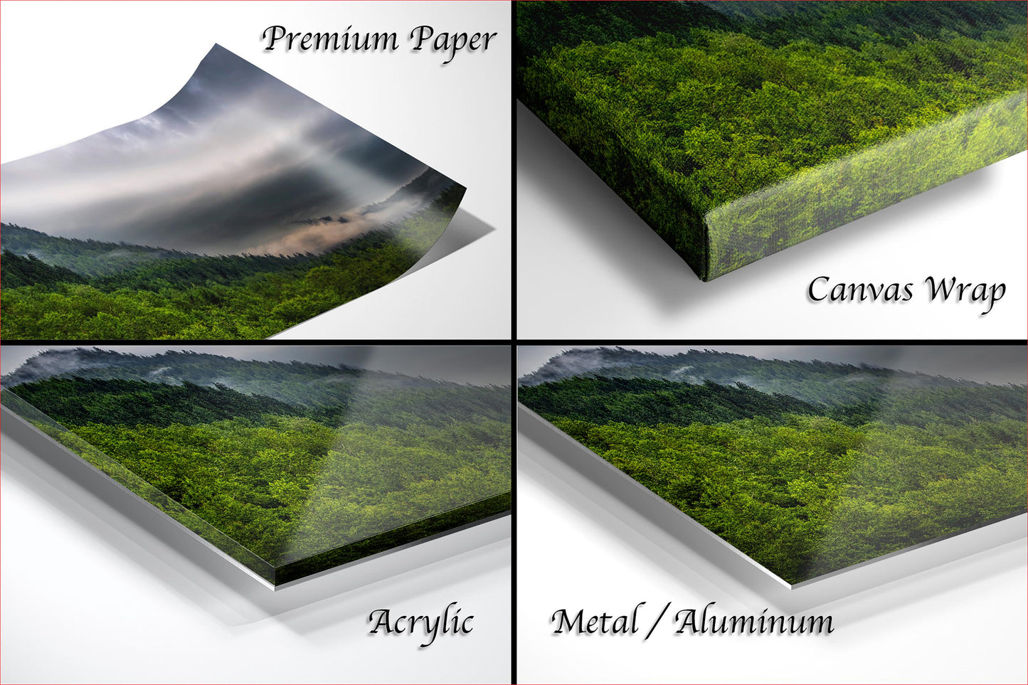 The image is a collage of four different types of print materials, including premium paper, canvas wrap, acrylic, and metal/aluminum.