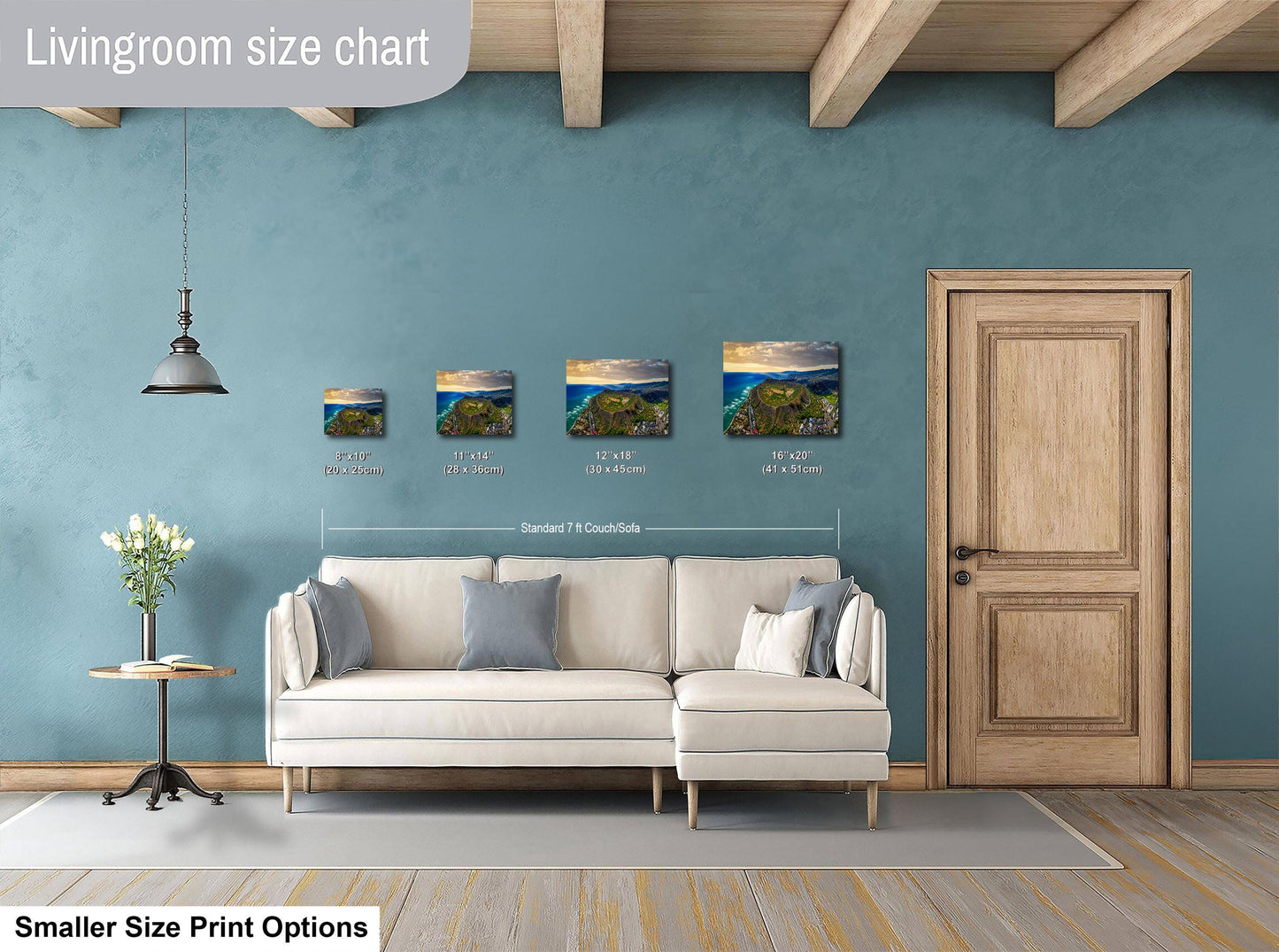 a living room with a white sofa, a wooden door, and a hanging light fixture. Above the sofa, there is a size chart displaying the dimensions of three different paintings.