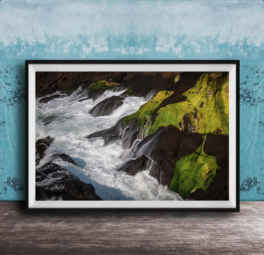 A framed photograph depicting a rocky coastline with flowing water and patches of green moss.
