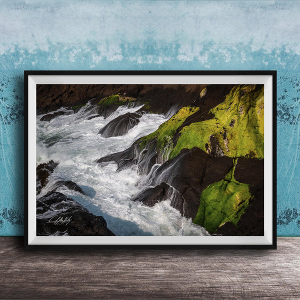 A framed photograph depicting a rocky coastline with flowing water and patches of green moss.