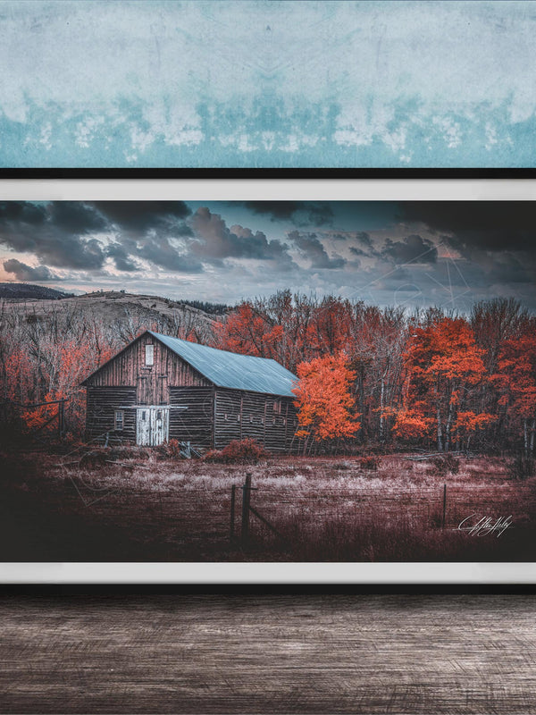 A rustic wooden barn stands in a field, surrounded by trees with vibrant orange leaves against a cloudy sky.