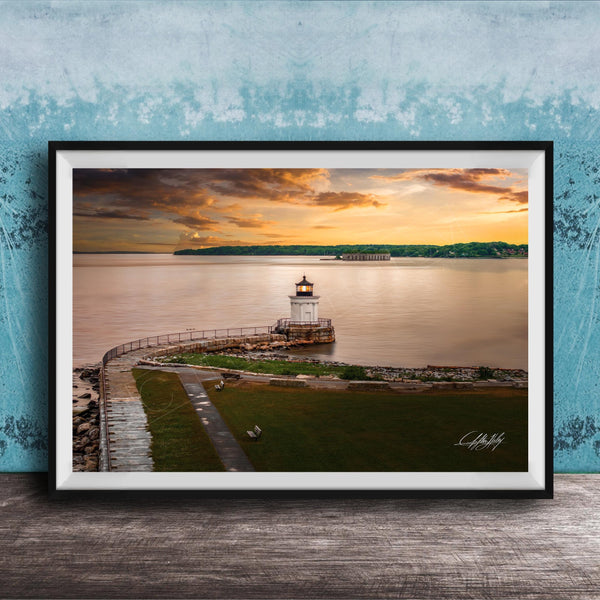 Portland Maine lighthouse art, Bug Light coastal print, Maine sunset wall decor, Casco Bay photography, New England seascape art, lighthouse fine art, golden hour ocean print, coastal home décor, maritime landscape photo, nautical wall artwork, serene harbor scene, Maine travel décor, oceanfront sunset art, harbor lighthouse print