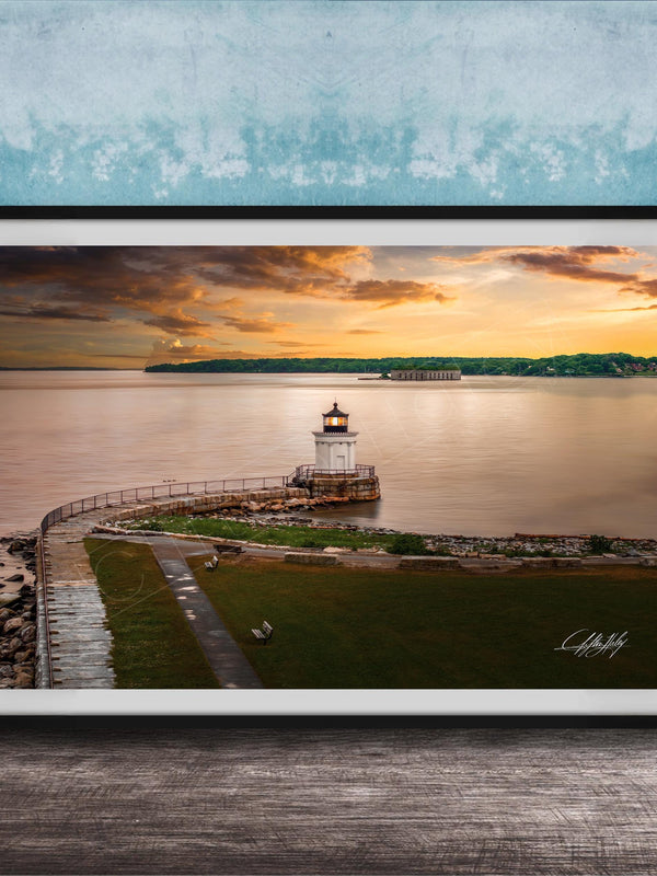 Portland Maine lighthouse art, Bug Light coastal print, Maine sunset wall decor, Casco Bay photography, New England seascape art, lighthouse fine art, golden hour ocean print, coastal home décor, maritime landscape photo, nautical wall artwork, serene harbor scene, Maine travel décor, oceanfront sunset art, harbor lighthouse print