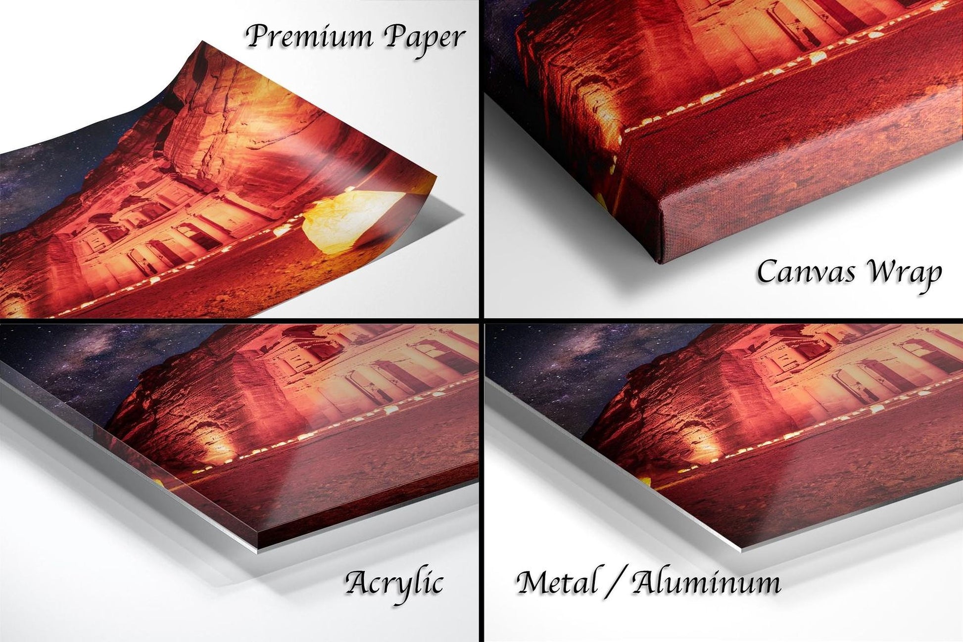 The image is a collage of four different views of a building at night, each with a distinct description. The first image is labeled "Premium Paper", the second is labeled "Canvas Wrap", the third is labeled "Acrylic", and the fourth is labeled "Metal/Aluminum".