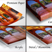 The image is a collage of four photographs depicting different types of paper or canvas wraps, including premium paper, canvas wrap, acrylic, and metal/aluminum.